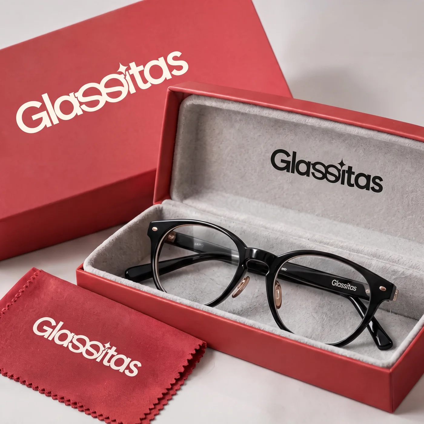 Estuche y gamuza Glassitas con gafas formuladas negras